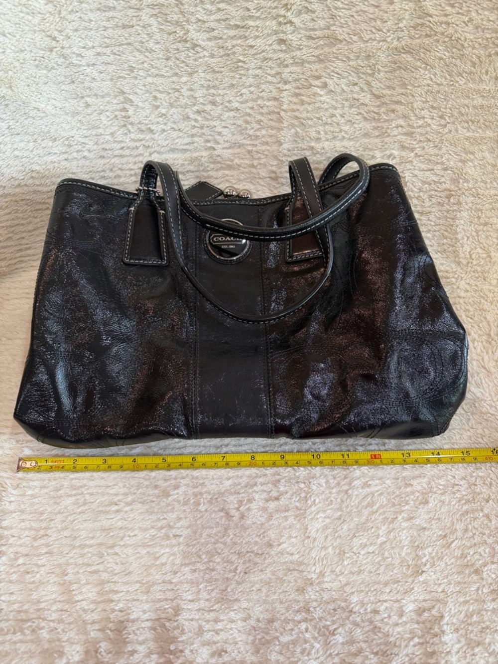 Coach Black Leather Tote with Signature Trim - Picture 9 of 10